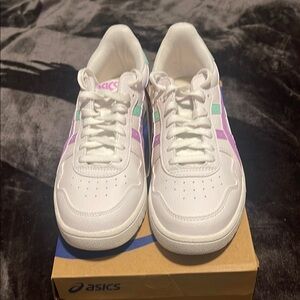ASICS White Sneakers with Purple and Green Highlights